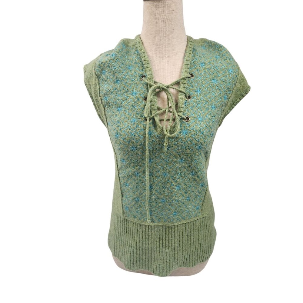 Free People Lace-Up Hoodie Vest Green Turquoise Embroidery Women S